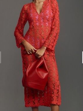 NWOT Anthropologie 3D Floral Kaftan Cover Dress in cherry red color size M/L